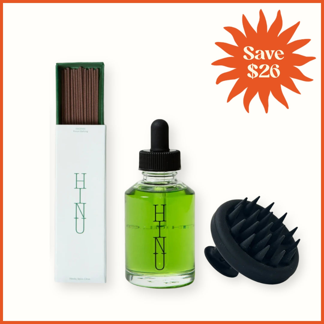 HINU Hair Essentials Gift Set - HINU Hair Growth Oil, Scalp Massager and Incense