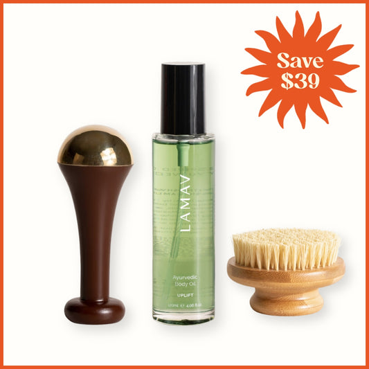 LAMAV Lymphatic Love Gift Set - Dry Body Brush, Ayurvedic Kansa Wand and Body Oil